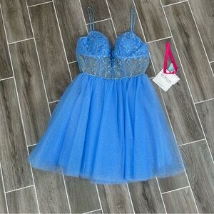 Mori Lee Sheer Corset Dress Size 16 Sweetheart Neck Cocktail Short Dress Blue